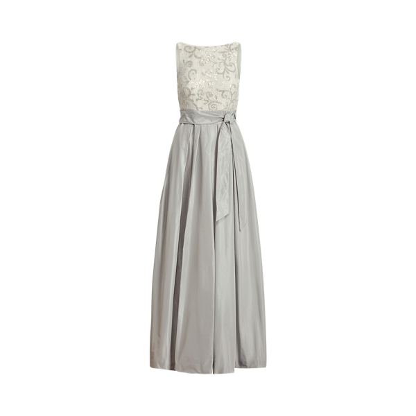 Liquid Silver/Silver Lace-Taffeta Sleeveless Gown Lauren 2