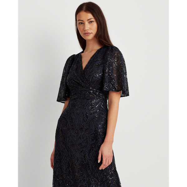 Navy Sequined Elbow-Sleeve Gown Lauren 4
