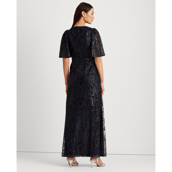 Navy Sequined Elbow-Sleeve Gown Lauren 5