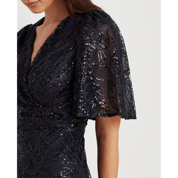 Navy Sequined Elbow-Sleeve Gown Lauren 6