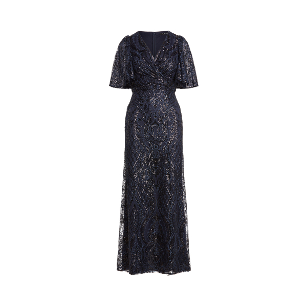 Navy Sequined Elbow-Sleeve Gown Lauren 2