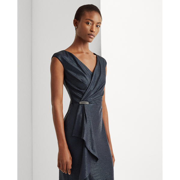 Lighthouse Navy Ruffle-Trim Metallic Cocktail Dress Lauren 4