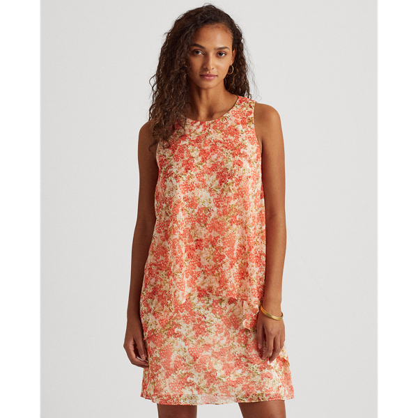 Cream/Coral/Multi Floral Layered Georgette Dress Lauren 4