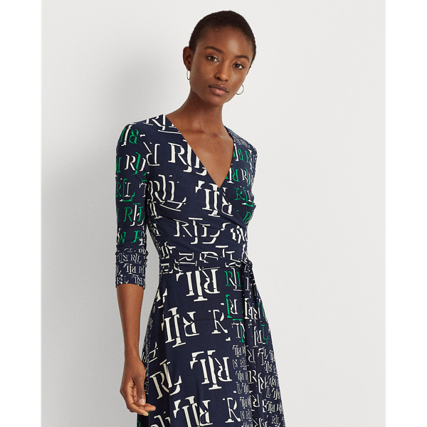 Navy/Stem/Cream Logo-Print Jersey Surplice Dress Lauren 4