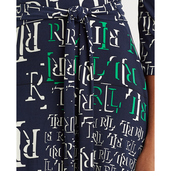 Navy/Stem/Cream Logo-Print Jersey Surplice Dress Lauren 6
