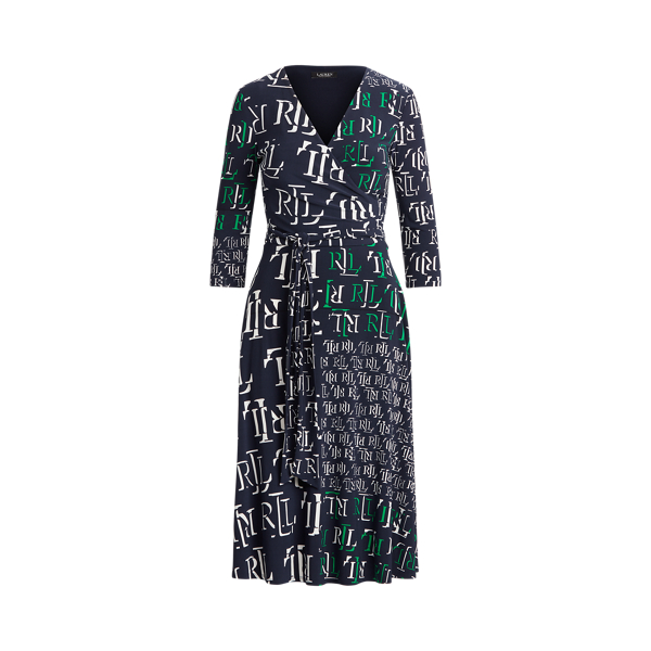 Navy/Stem/Cream Logo-Print Jersey Surplice Dress Lauren 2