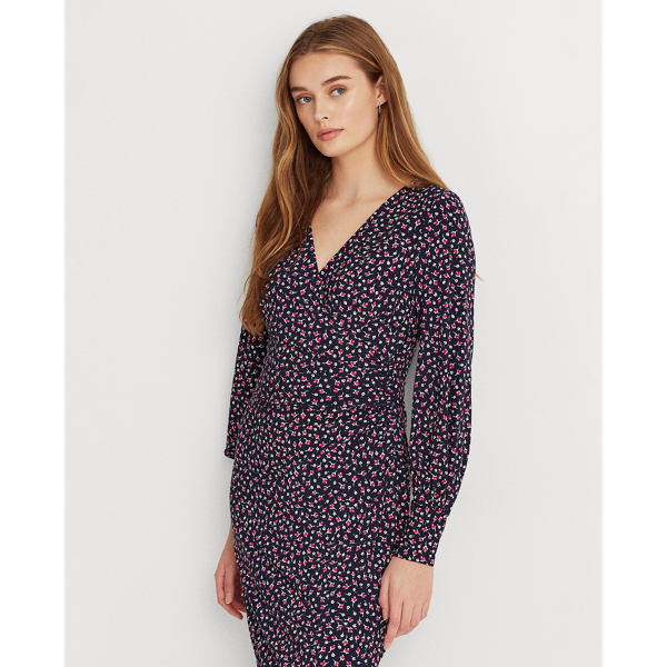 Navy/Pink/Multi Floral Surplice Jersey Dress Lauren 4