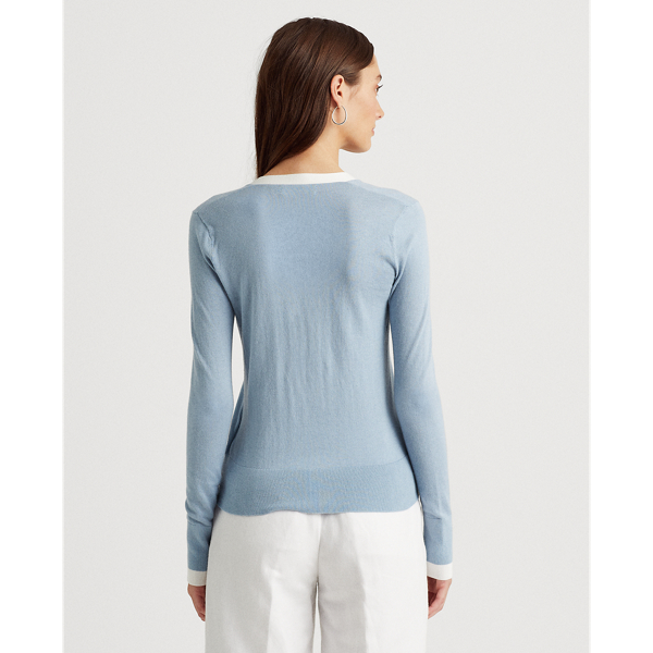 Dust Blue/White Two-Tone Cotton-Modal Cardigan Jumper Lauren 5