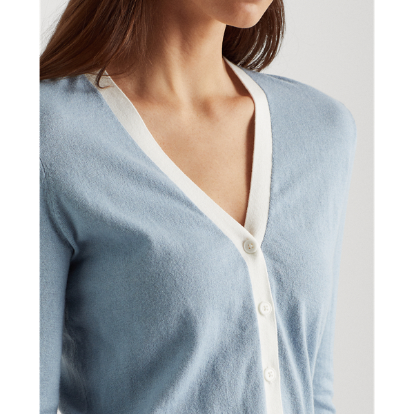 Dust Blue/White Two-Tone Cotton-Modal Cardigan Jumper Lauren 6