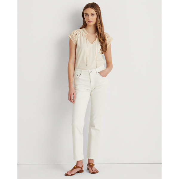 Mascarpone Cream Lace-Trim Cotton Jersey Top Lauren 4