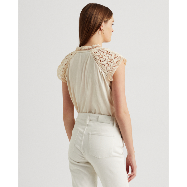 Mascarpone Cream Lace-Trim Cotton Jersey Top Lauren 5