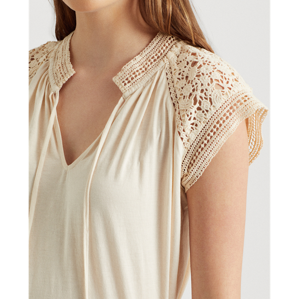 Mascarpone Cream Lace-Trim Cotton Jersey Top Lauren 6