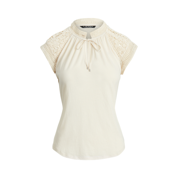 Mascarpone Cream Lace-Trim Cotton Jersey Top Lauren 2