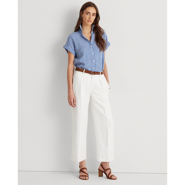 Blue/White Gingham Linen Dolman-Sleeve Shirt Lauren 3