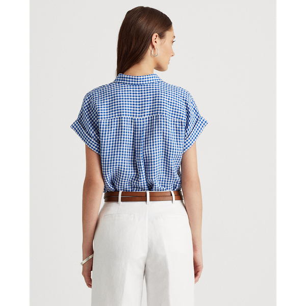 Blue/White Gingham Linen Dolman-Sleeve Shirt Lauren 4