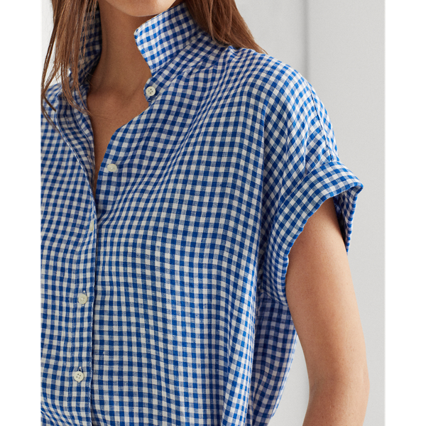 Blue/White Gingham Linen Dolman-Sleeve Shirt Lauren 5