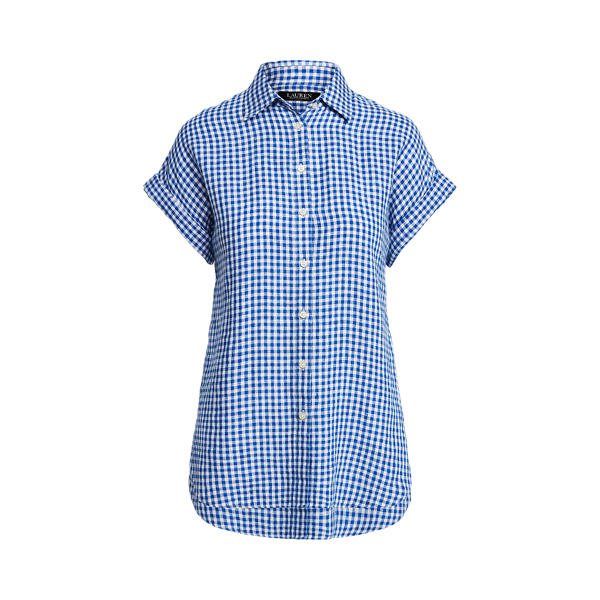 Blue/White Gingham Linen Dolman-Sleeve Shirt Lauren 2