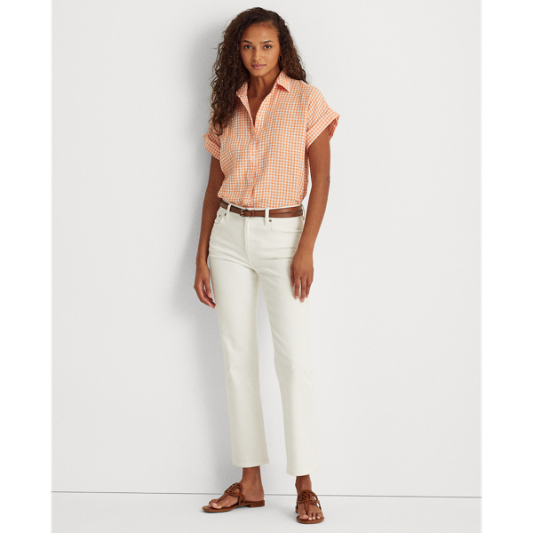 Orange/White Gingham Linen Dolman-Sleeve Shirt Lauren 3
