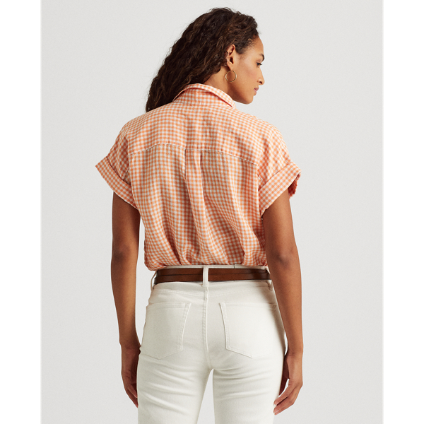 Orange/White Gingham Linen Dolman-Sleeve Shirt Lauren 4