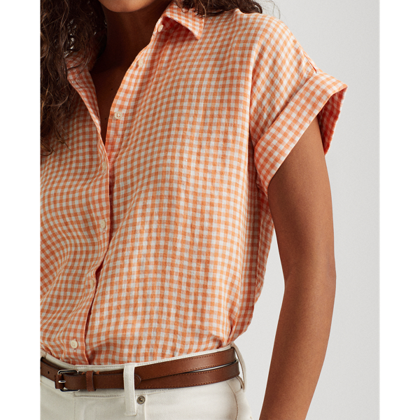 Orange/White Gingham Linen Dolman-Sleeve Shirt Lauren 5