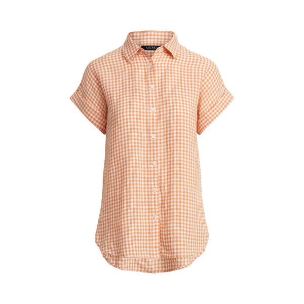 Orange/White Gingham Linen Dolman-Sleeve Shirt Lauren 2