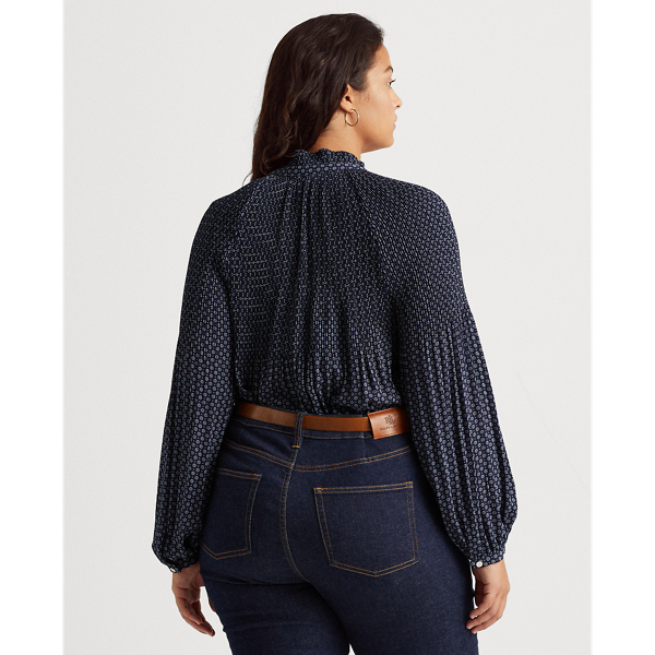 Refined Navy/Pale Cream Georgette Tie-Neck Top Lauren Woman 5