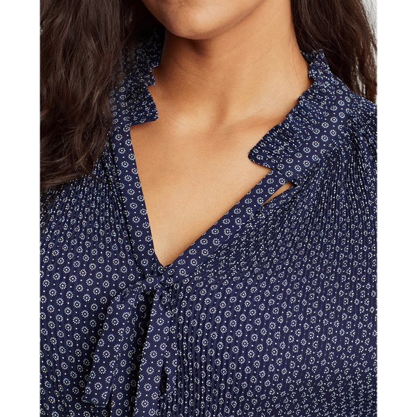 Refined Navy/Pale Cream Georgette Tie-Neck Top Lauren Woman 6