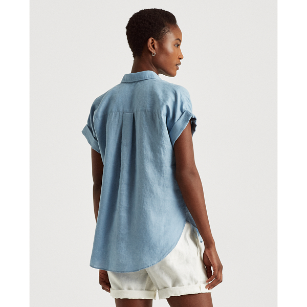 Dust Blue Relaxed Fit Linen Short-Sleeved Shirt Lauren 5