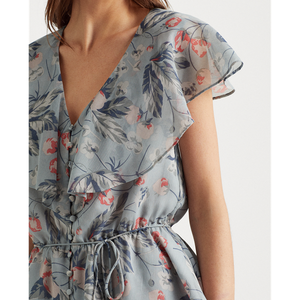 Blue Multi Floral Crinkled Georgette Peplum Top Lauren 6