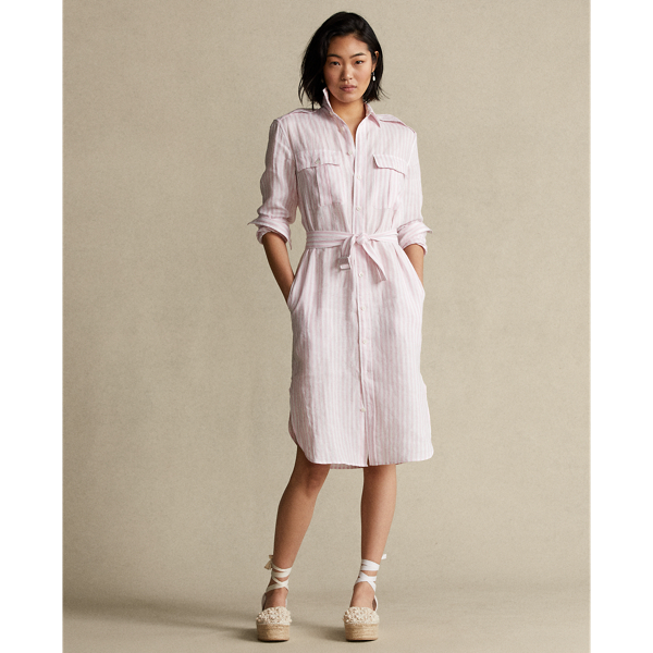 1055b Garden Pink/White Striped Linen Shirtdress Polo Ralph Lauren 4
