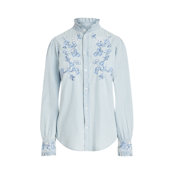Ruffle-Trim Embroidered Chambray Shirt Polo Ralph Lauren 1