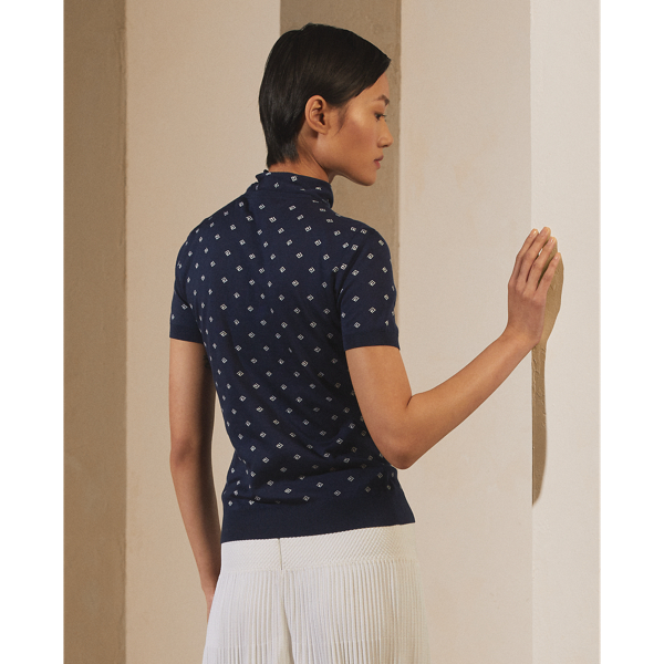 Bright Navy Silk Short-Sleeve Tie-Neck Jumper Ralph Lauren Collection 5