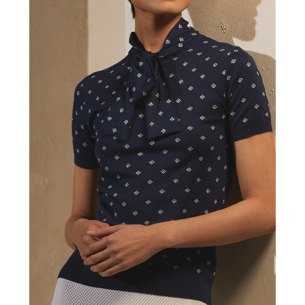 Bright Navy Silk Short-Sleeve Tie-Neck Jumper Ralph Lauren Collection 6