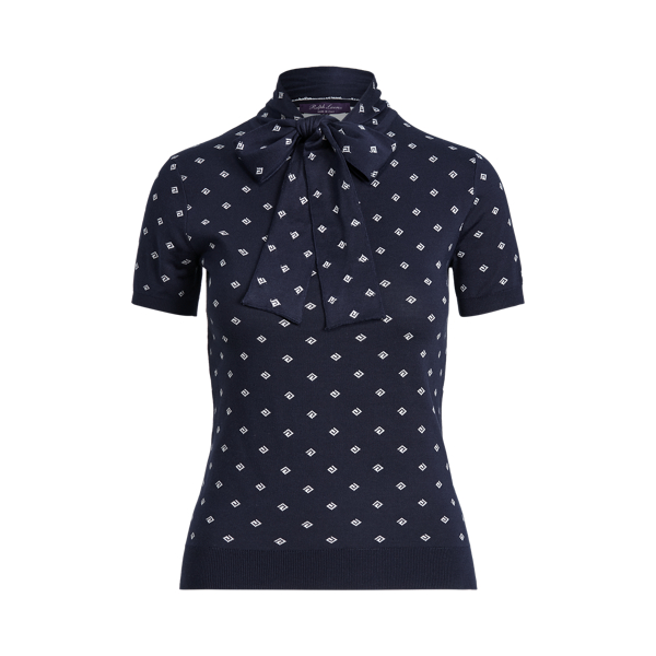 Bright Navy Silk Short-Sleeve Tie-Neck Jumper Ralph Lauren Collection 2
