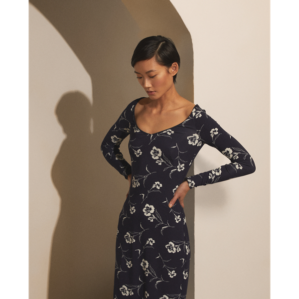 Abito Soloman in jersey a fiori Ralph Lauren Collection in Blu navy brillante/Panna 4