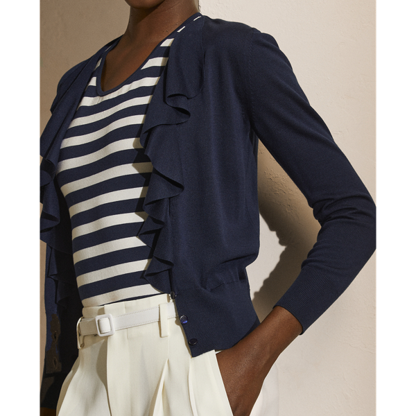 Bright Navy Ruffle-Trim Silk Cardigan Jumper Ralph Lauren Collection 6