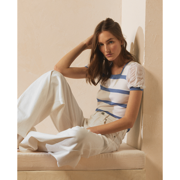Nimes Blue/Lux Cream Striped Puff-Sleeve Jumper Ralph Lauren Collection 6