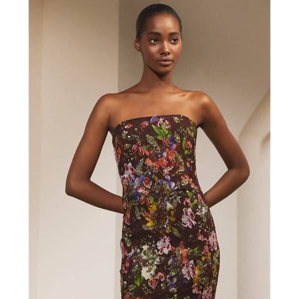 Bright Brown Karolin Embellished Lace Cocktail Dress Ralph Lauren Collection 4