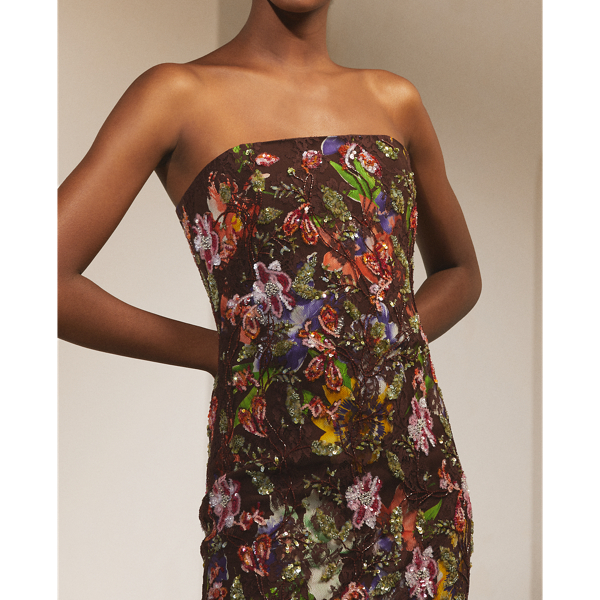 Bright Brown Karolin Embellished Lace Cocktail Dress Ralph Lauren Collection 6