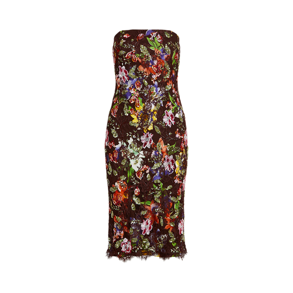 Bright Brown Karolin Embellished Lace Cocktail Dress Ralph Lauren Collection 2
