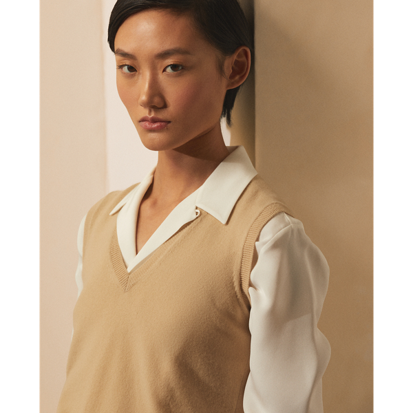 Sand Lofty Cashmere V-Neck Sleeveless Jumper Ralph Lauren Collection 6