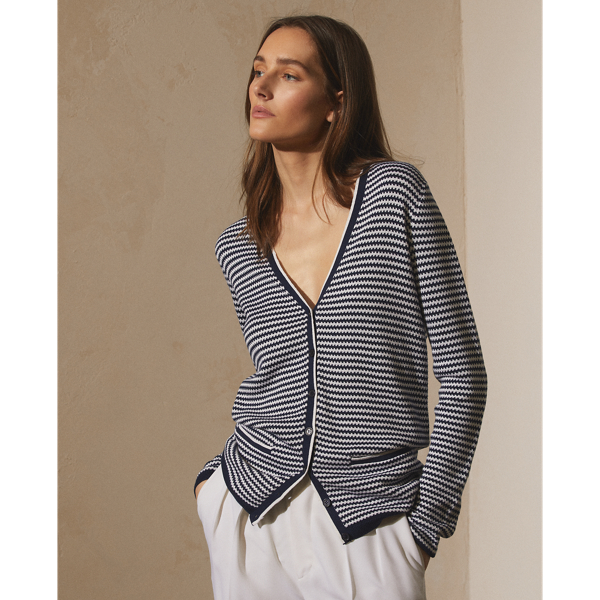 Bright Navy/Lux Cream Striped Silk V-Neck Cardigan Sweater Ralph Lauren Collection 4