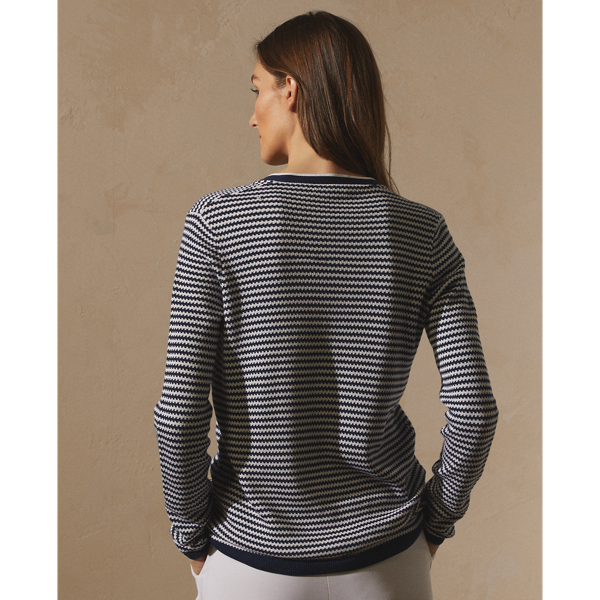 Bright Navy/Lux Cream Striped Silk V-Neck Cardigan Sweater Ralph Lauren Collection 5