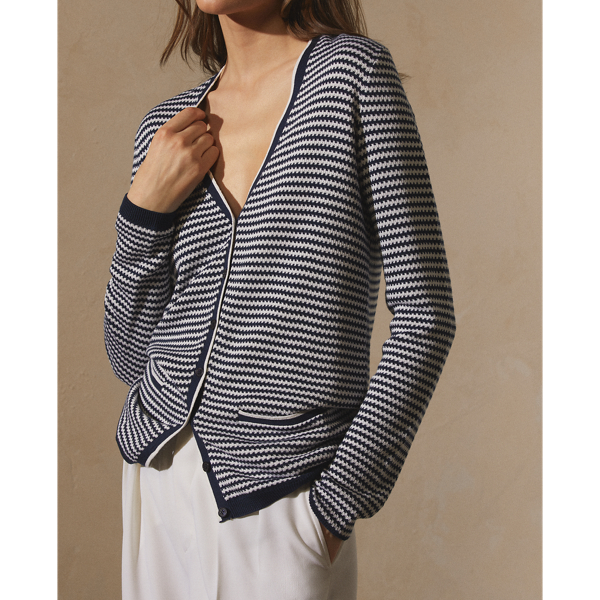 Bright Navy/Lux Cream Striped Silk V-Neck Cardigan Sweater Ralph Lauren Collection 6