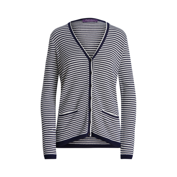 Bright Navy/Lux Cream Striped Silk V-Neck Cardigan Sweater Ralph Lauren Collection 2