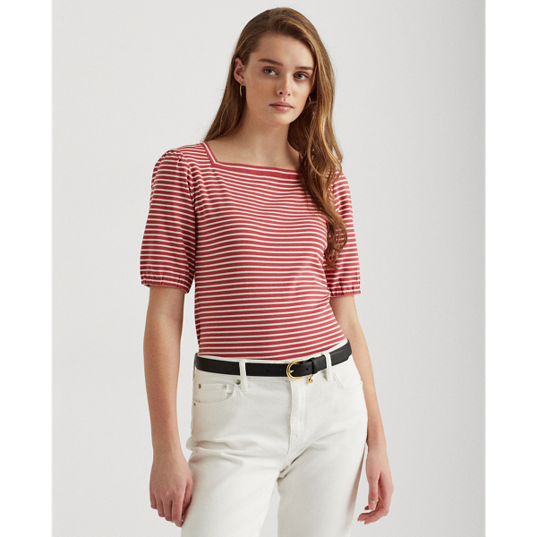 Striped Puff-Sleeve Stretch Cotton Top