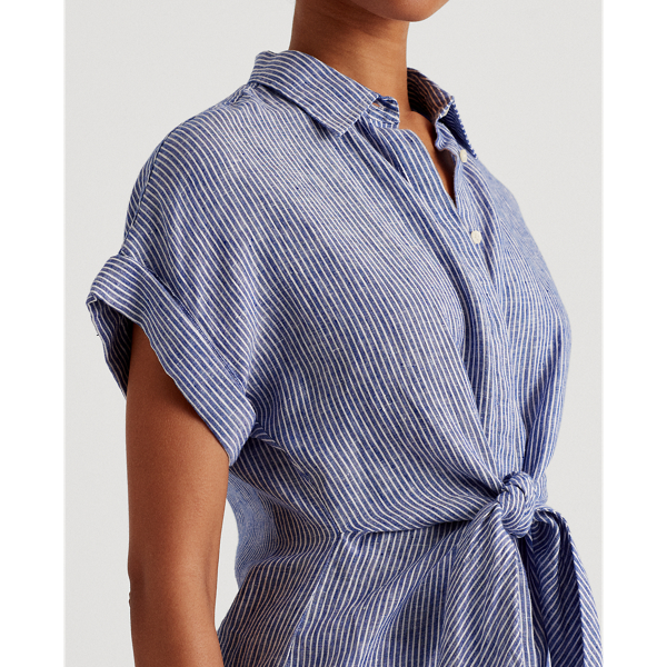 Sapphire Star/White Striped Tie-Front Linen Shirt Lauren 6