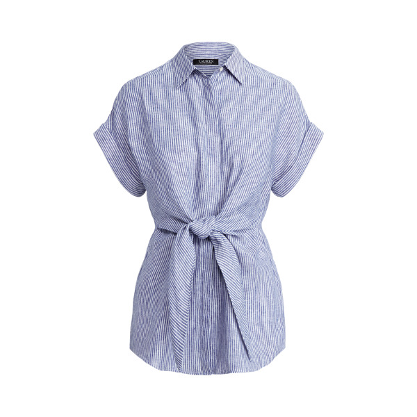 Sapphire Star/White Striped Tie-Front Linen Shirt Lauren 2