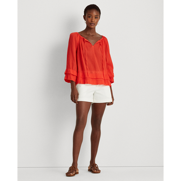 Bright Hibiscus Ruffle-Trim Crinkle Cotton Top Lauren 4