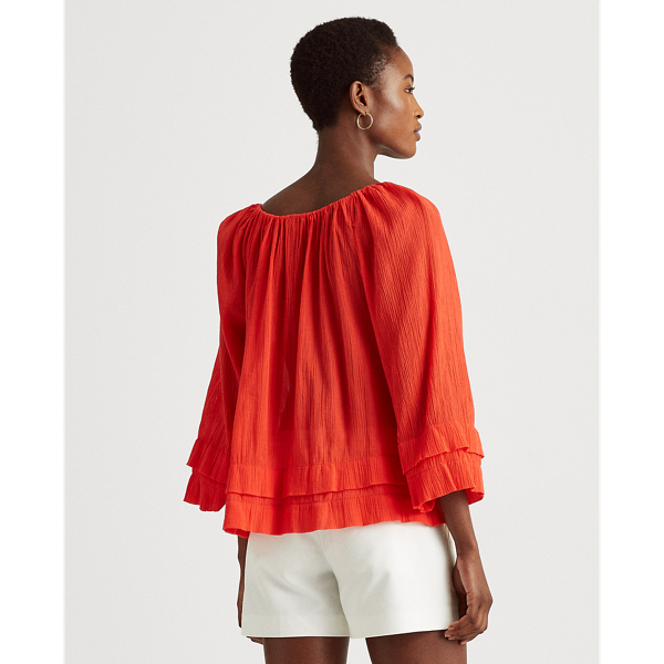 Bright Hibiscus Ruffle-Trim Crinkle Cotton Top Lauren 5